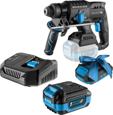 Produktbild von HÖGERT TECHNIK Bürstenloser Akku-Bohrhammer Set 18V, 2,0 J Schlagenergie, Meißelfunktion, 4,0 Ah Akku, 4A Ladegerät, Metallgetriebe, LED, Für Beton & Metall + PROMO 2,0 Ah Akku