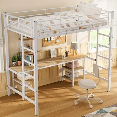 Produktbild von Etagenbett 90x200 cm Weiß aus Eisen, MDF mit Schreibtisch, Regalen und Fallschutzgitter für Kinderzimmer