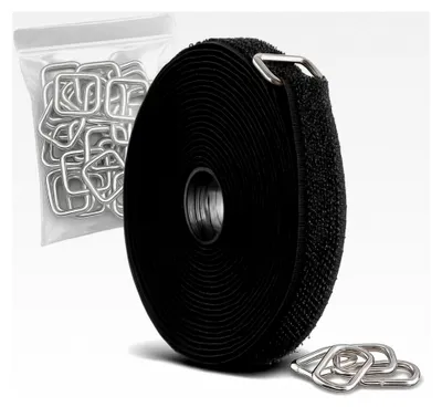 Produktbild von Klettband 5m mit 25 Metallklammern, zuschneidbar, 2 cm breit, wiederverwendbares Klettband zur Kabelorganisation