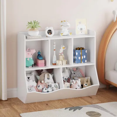 Image de Étagère pour livres pour enfants, 2 niveaux, blanche, en bois, dimensions 75x30x75 cm, pour le rangement des jouets