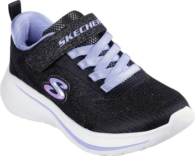 A single black Skechers sneaker with purple accents and laces is shown against a white background.