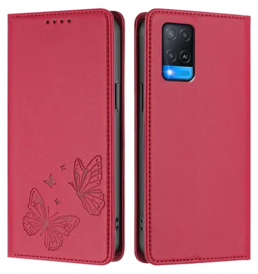 Image de Étui en cuir pour Oppo A54 4G/A54S/A55 5G/A16/A16S/A55s 5G/A53s 5G/A56 5G, motif papillon, étui portefeuille à rabat avec support, rouge