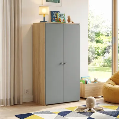 Produktbild von Kinderkleiderschrank 'Beldinupp' mit 2 Türen 1 Kleiderstange und 1 Staufach 123 x 60 x 40 cm Eicheoptik/Grau