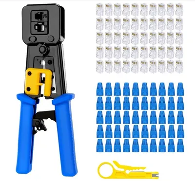 Produktbild von Crimpzange Ethernet RJ45 Krimptangset – RJ11/RJ12/RJ45 Pass-Through, Cat5/5e/6, 50 Stk. Connectoren