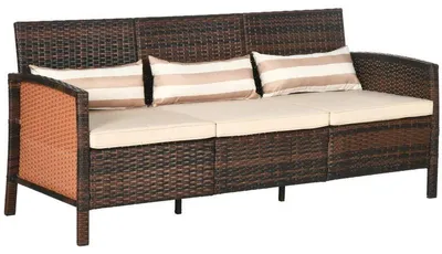 Image de Banc de jardin pour 3 personnes en résine tressée | Couleur : marron | Dimensions : 173 x 68 x 78 cm