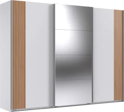 Produktbild von Schwebetürenschrank >Malaga< Spiegel, Weiß / Akustiklamelle Artisan Eiche - 270x208x64cm (BxHxT)