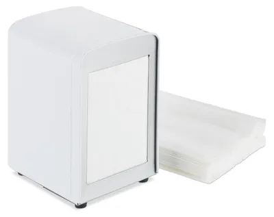 Zdjęcie produktu dla 10 szt. retro dozowników serwetek, metalowe, małe stojaki na serwetki gastronomiczne do lodziarni, kawiarni, bistro, wymiary: 15 x 9,5 x 11 cm, kolor biały
