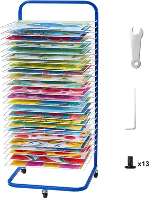 Image de SucceBuy Art Trockengestell, 25 herausnehmbare Regale, 43,2 x 33 x 99,9 cm Gestell mit feststellbaren Rollen für Gemälde, Kunstwerke im Klassenzimmer, Blau und Weiß