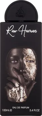 A black bottle of Lattafa Pride Raw Human Eau de Parfum with a striking image of a face partially covered in gold leaf.