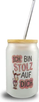 Produktbild von Ich Bin Stolz Auf Dich Trinkglas mit Bambusdeckel mit Esel
