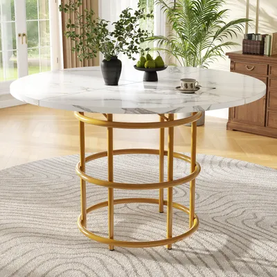 Image de MODFU Table À Manger Ronde Avec Pieds Métal Doré Et Plateau MDF Marbré, 100 x 100 x 76 cm - Blanc Et Or