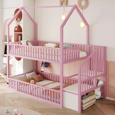 Immagine prodotto di Letto a castello per bambini, dimensioni 90 x 200 cm, struttura in metallo, design a casetta con scala e spazio contenitivo, area giochi inferiore con porta, sponde di sicurezza e rete a doghe, colore bianco/rosa
