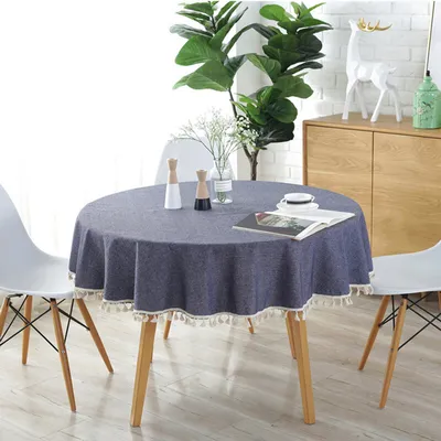 Obrázek produktu pro Kulatý ubrus, bavlněný lněný ubrus se střapcem pro kuchyňský jídelní stůl (průměr: 150 cm / tmavě modrá)
