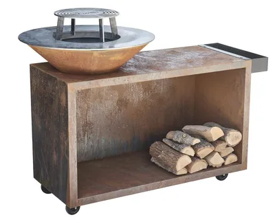 Produktbild von The Favilla FLAME Feuerschale mit Grillplatte & Plancha in Corten | Grillring, Holzstauraum, Rostig | Wetterfest.