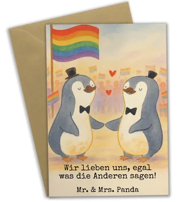 Produktbild von Mr. & Mrs. Panda Klappkarte Pinguine Gay Pride Design - Weiß - Geschenk, jubiläumskarte, vatertagskarte, weihnachtskarten, Hochzeitskarte, einladungskarten, osterkarten