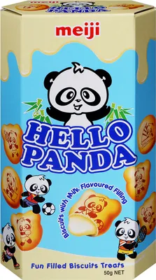 Produktbild von Meiji Hello Panda Kekse mit Milchgeschmack und Milchcremefüllung, Cartoon-Panda-Design, 10 x 50g