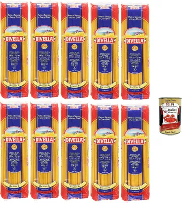 Produktbild von Divella Pasta 100% Italienisch Bucatini N° 6, Nudeln aus Hartweizengrieß, Kochen 7 Minuten 10x 500g + Italian Gourmet polpa 400g