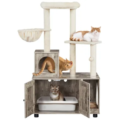 A multi-level cat tree with enclosed cabinets and scratching posts, featuring three cats.