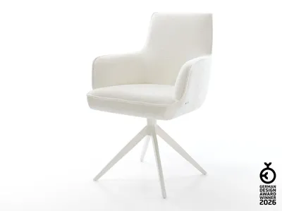 Produktbild von DELIFE Drehstuhl Heira-Flex mit Armlehnen Bouclé Soft Beige Kreuzgestell breit Weiß 360° drehbar Wippfunktion Taschenfederkern