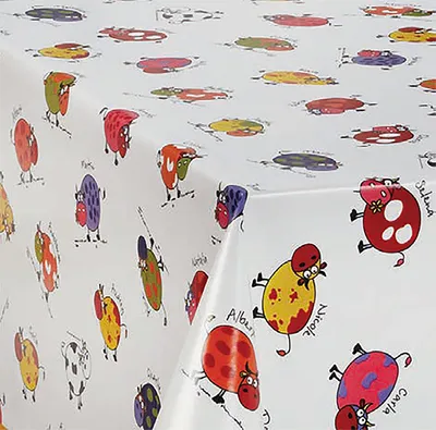 Produktbild von PVC Tischdecke Alma Bunte Kühe Wachstuch · Eckig · Länge & Breite wählbar· abwaschbare Tischdecke · Kindermotiv bunt schwarz weiss, Größe:140 x 2500 cm