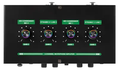 Obrázek produktu pro 2kanálový mikrofonní zvukový zesilovač s reverbem, 2 vstupy, fantomové napájení 48 V, dobíjecí, kompaktní provedení pro dynamické a kondenzátorové mikrofony