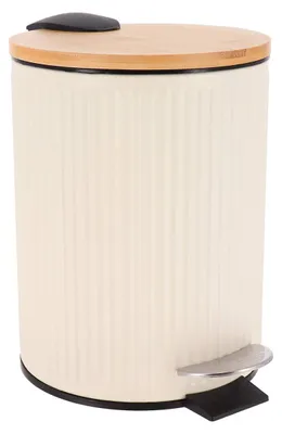 Produktbild von Geriffelter Metallmülleimer mit Bambusdeckel und Fallbremse, 3 l, elfenbeinfarben