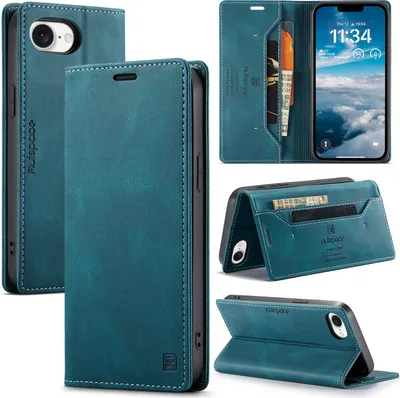 Image de Étui pour iPhone 16e/iPhone 17e, étui en cuirPolyuréthanerétro, support et étui de protection bleu