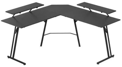 Productafbeelding van NAIZY 140x140 cm L-vormig computerbureau met verhoogd beeldschermstandaard, dubbele stalen constructie, ruimtebesparend hoekontwerp, geschikt voor gaming en kantoor