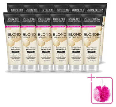 Imagen del producto de 12 champús John Frieda Blonde+ Repair, fortalecedores del cabello, de 250 ml cada uno. Pack ahorro de 12 unidades