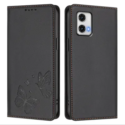 Obrázek produktu pro Kožené pouzdro pro Motorola Moto G73 5G, motýlí ražbou, peněženkové flip pouzdro se stojánkem Černá