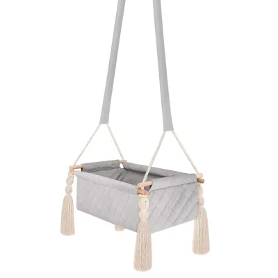 Image de Berceau suspendu pour bébé en velours Gris – berceau sûr fabriqué dans l’UE avec base en bois, matelas et cordes en coton, sans odeur