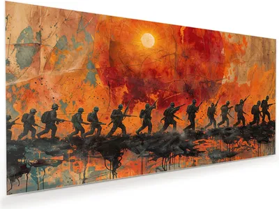 Produktbild von Glasbild 110x55cm in XXL für Wohnzimmer, Schlafzimmer Motiv Marsch im Sonnenuntergang
