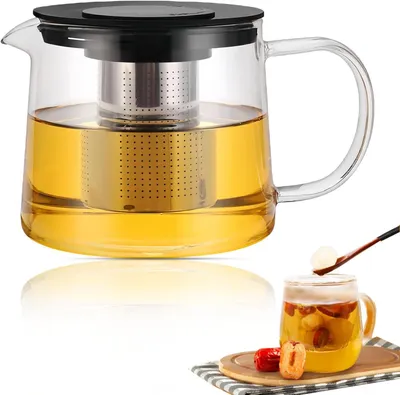 Imagen del producto de Tetera de vidrio con colador, 1500 ml, apta para vitrocerámicas y placas de cocción, tetera para la cocina