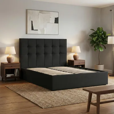 Produktbild von Polsterbett 140x200 cm mit Lattenrost, Doppelbett ohne Bettkasten, elegantes Bett mit Kopfteil, Geflecht, Schwarz, SORIA 140 x 200