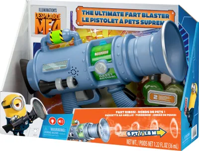The image shows the packaging of a Despicable Me 4 toy, the Ultra Fartblaster, with a Minion character on the left and the toy itself prominently displayed.