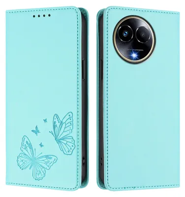 Produktbild von Lederhülle für Realme 11 5G, Schmetterling Prägung Leder Brieftasche Schutzhülle mit Ständer Türkis
