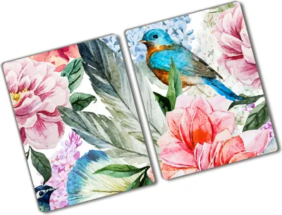 Produktbild von Tulup Glas Herdabdeckplatte - 2x40x52 cm - Glaskeramikkochfeld-Abdeckung Spritzschutz Glasabdeckplatte Kochplattenabdeckung und Schneidebrett - Zweiteilig - Tiere - Blumen und Vögel - Mehrfarbig