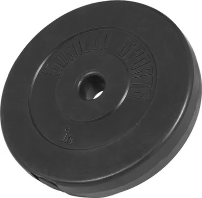 A black weight plate with embossed text and weight marking.