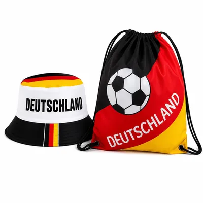 Produktbild von Deutschland Fan-Set 2-teilig – Fischerhut Schwarz Rot Gold & Turnbeutel mit Fußballmotiv – Fanartikel für EM, WM, Public Viewing, Fanmeile, Stadion