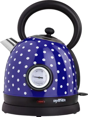 Produktbild von Grafner Retro Wasserkocher mit Temperaturanzeige, 2200 Watt, 1,8 Liter, Edelstahl-Korpus, Wunschfarbe, entnehmbarer Kalkfilter, kabellos, Überhitzungsschutz, BPA-Frei, Cool-Touch (Pünktchen blau)