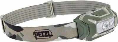A camouflage-patterned Petzl headlamp is shown against a white background.
