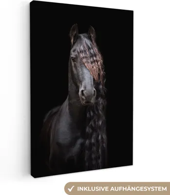 Produktbild von MuchoWow® - Leinwandbilder - Pferde - Friesisch - Mähne - Schwarz - Tiere, Wandbild, Wanddeko Bilder Wohnzimmer, 40x60cm
