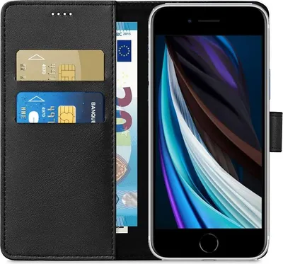Obrázek produktu pro Pouzdro pro iPhone SE 2022 / SE 2020 / 7 / 8 - Black Wallet Flap Magnetised Card Storage Pouzdro na mobilní telefon Phonillico®