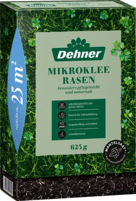 Produktbild von Dehner Saatgut Rasensamen, Mikroklee-Rasen, hochwertige Saatgutmischung, selbstdüngend / selbstkeimend, 625 g, für ca. 25 m²