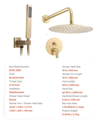 Productafbeelding van Doucheset, ronde regendouchekop, handdouche, goudkleurig, diameter 25 cm