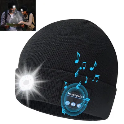 Produktbild von LED-beleuchtete Strickmütze, USB-wiederaufladbare Laufmütze, 5 LEDs, drei Helligkeitsstufen, Uni-Winterstirnlampe, Geschenk (schwarz).