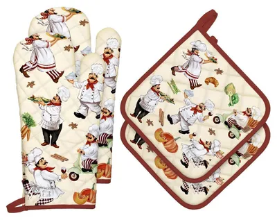 Immagine prodotto di Set da 4 pezzi: guanti da forno e presine | Cotone | Resistente al calore fino a 260°C | 2 guanti da forno 17x31 cm, 2 presine 20x20 cm