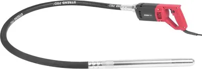 A concrete vibrator with a red motor unit and a flexible hose with a metal end.