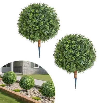 Imagen del producto de VEVOR: Juego de 2 topiarios artificiales de boj con estaca para clavarse en el suelo. Plantas artificiales de 559 mm, ideales para decoración, porches, espacios interiores y exteriores, terrazas, jardines, balcones y patios