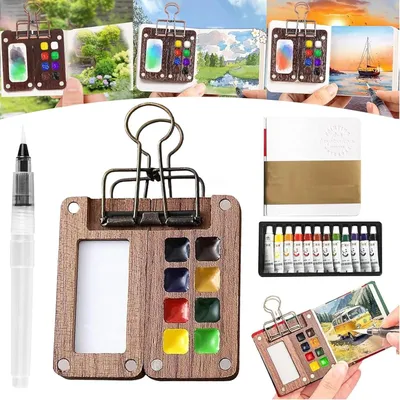 Produktbild von Tragbare Aquarellpalette - mit 8 Fächern - mit Farben, Skizzenbuch, Büroklammern, Stiften und Holzpalette - Für Maler, Künstler und Studenten